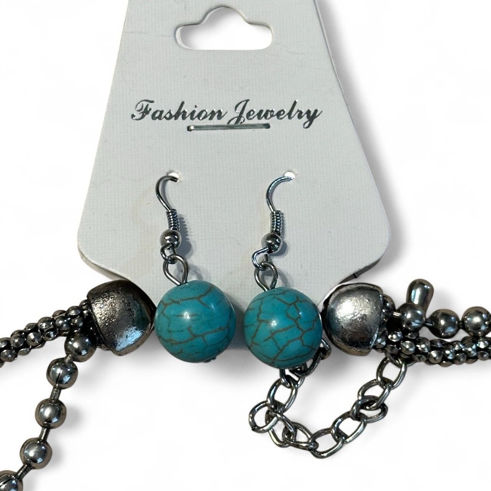 NWT Rose & Turquoise Silver-Tone Necklace with Matching Earrings — NWT, ~9″ - Picture 3 of 5